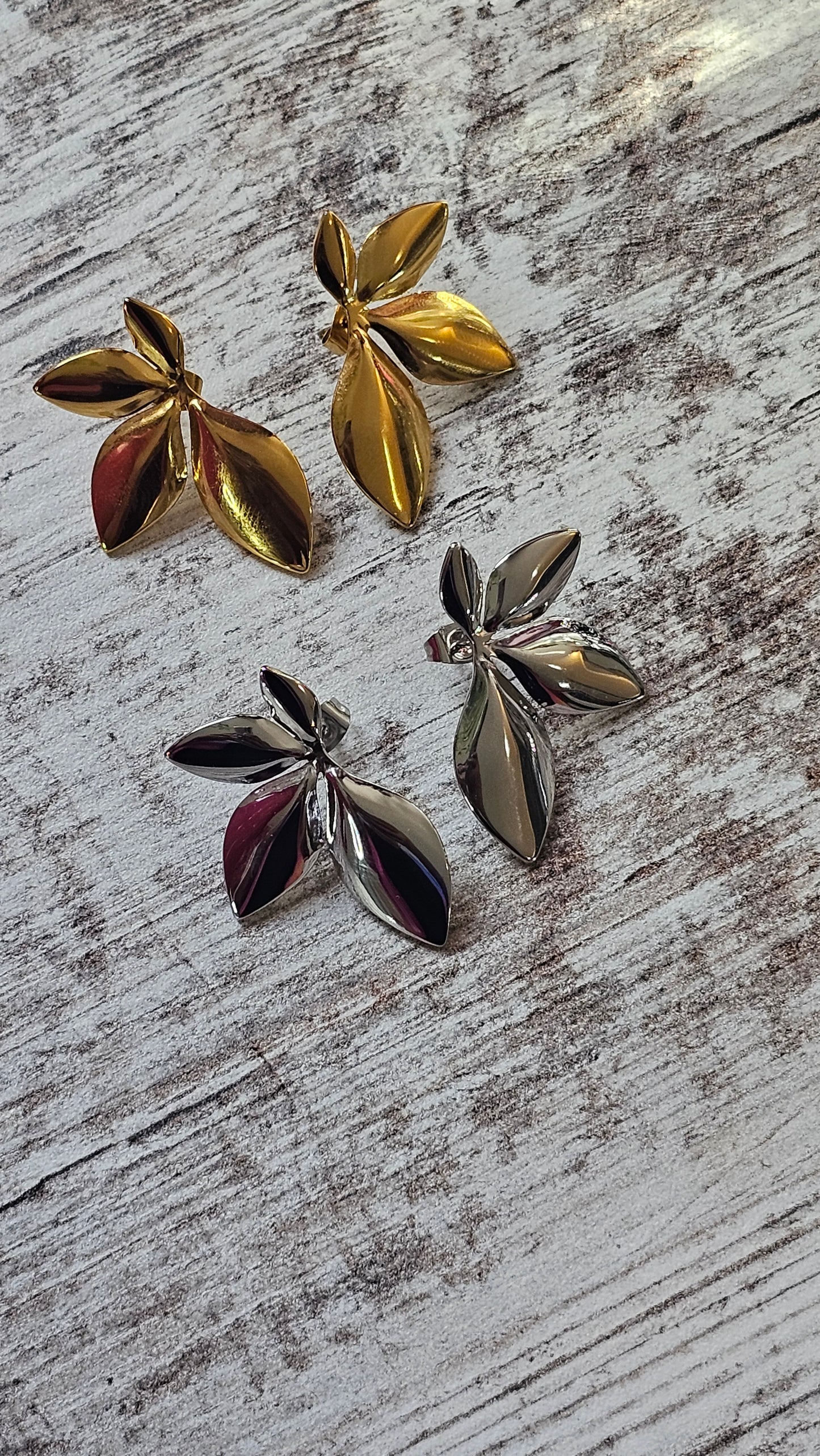 Boucles d'oreilles feuilles en acier inoxydable doré et argenté