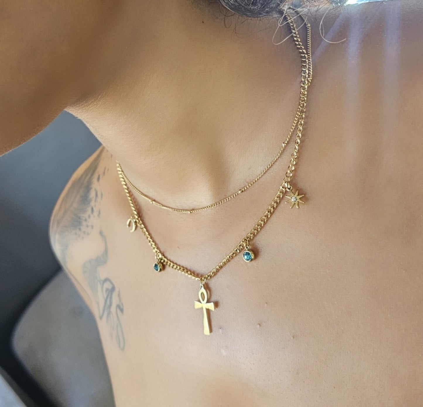 Collier double rangs croix ankh
